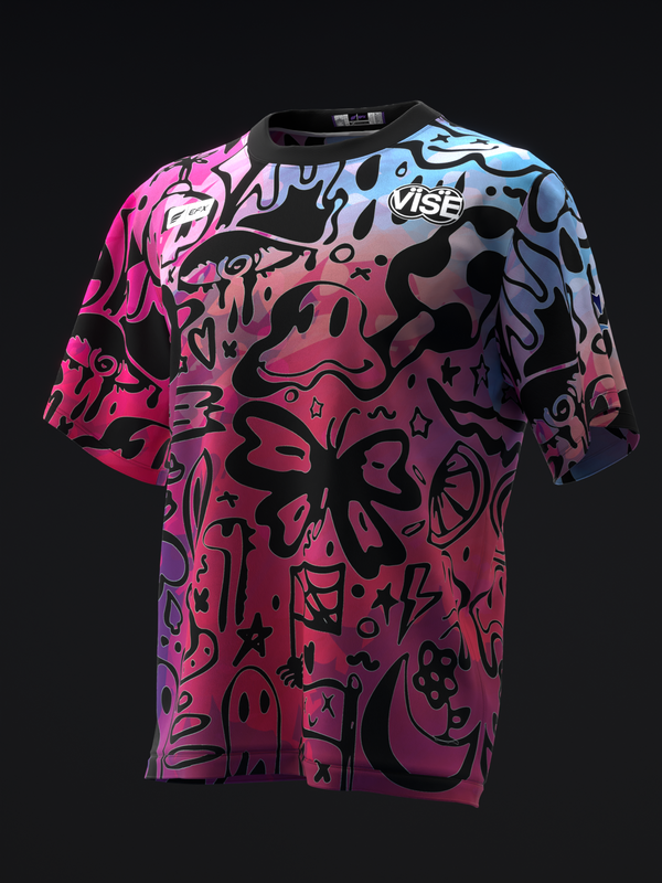 Front view of bowling jersey with vibrant gradient doodle design and Vise logo
