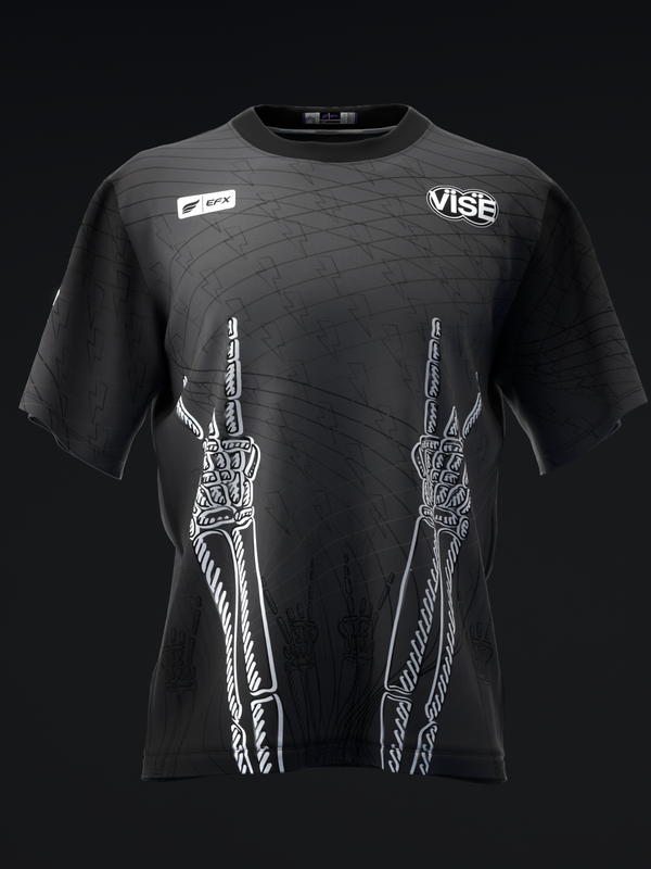 Black bowling jersey with white ornate guitar graphics and geometric pattern detail