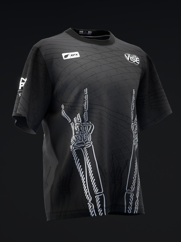 Black bowling jersey with white graphic switchblade design on front