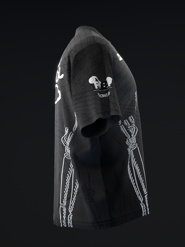 Black bowling jersey with white graphic design and skeletal bowling pins motif