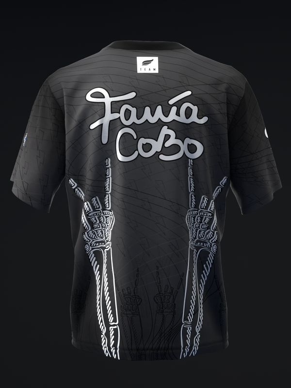 Black bowling jersey with white Fania Cobo text and ornate hand graphics, back view