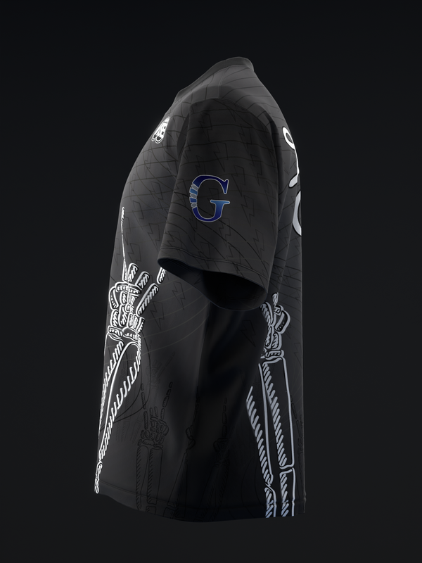 Black bowling jersey with blue G logo and white decorative graphic details on sides