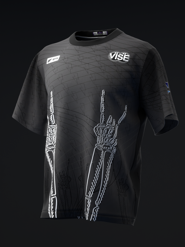 Black bowling jersey with white graphic hands and Vise logo on front