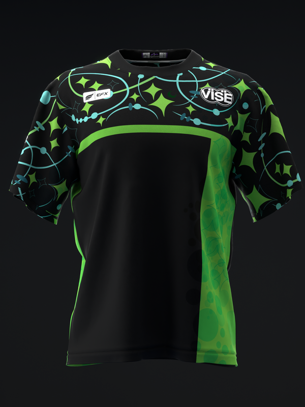 Black bowling jersey with neon green and cyan star pattern on sleeves, front view