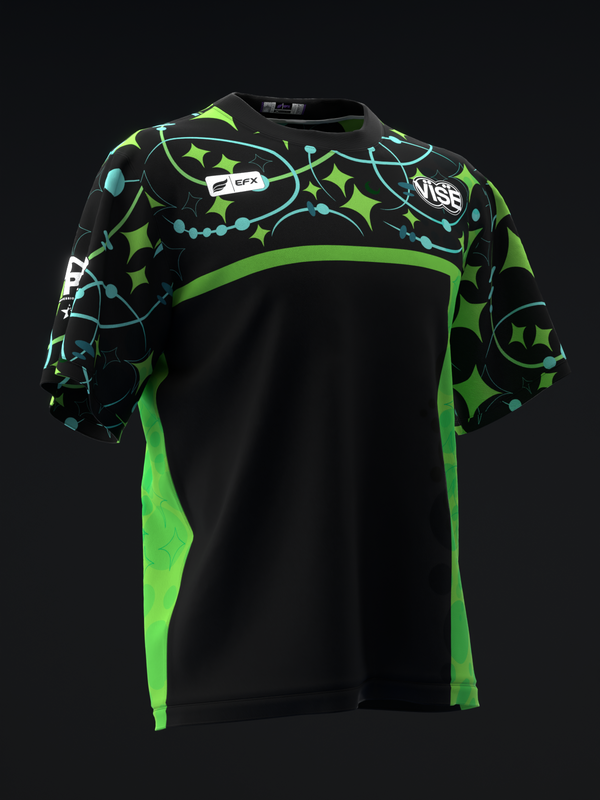 Black bowling jersey with neon green accents and cyan star pattern on sleeves