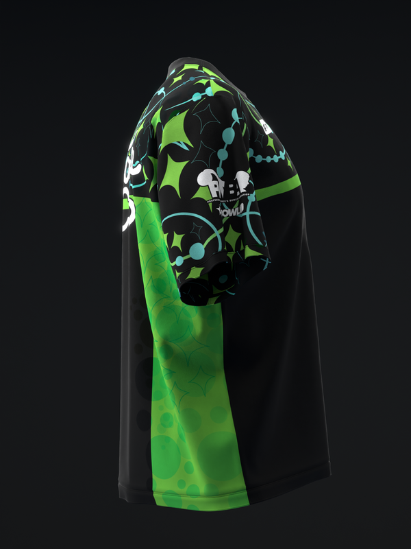 Black and neon green bowling jersey with cosmic graphic design and cyan accents