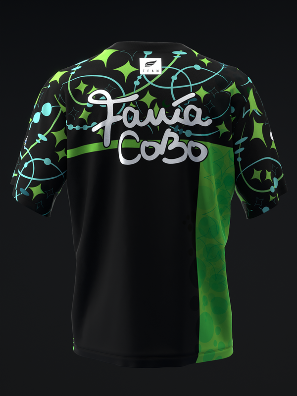 Black bowling jersey with lime green and cyan geometric star pattern on sleeves
