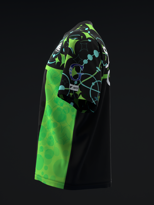 Black and lime green bowling jersey with abstract neon graphic design, side view