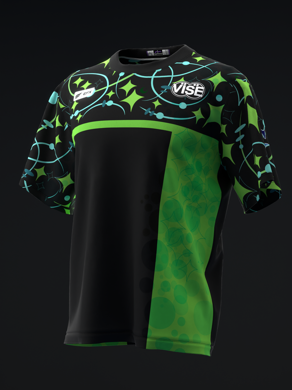 Black bowling jersey with neon green and cyan geometric star pattern on sleeves