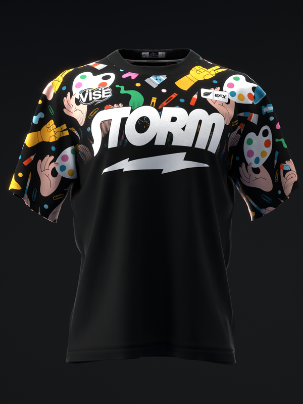 Black bowling jersey with colorful abstract graphic and Storm text on front