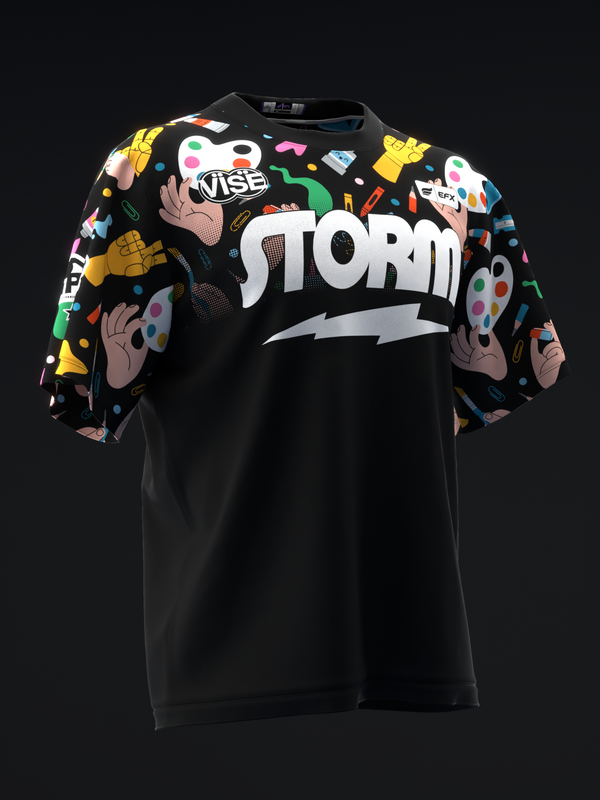 Black bowling jersey with white Storm logo and colorful abstract art sleeves