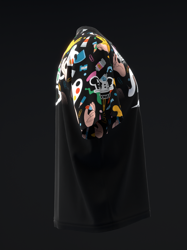 Black bowling jersey with colorful abstract graphic design on front chest area