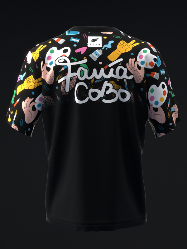 Black bowling jersey with colorful art-themed graphics on sleeves and Fania Cobo text