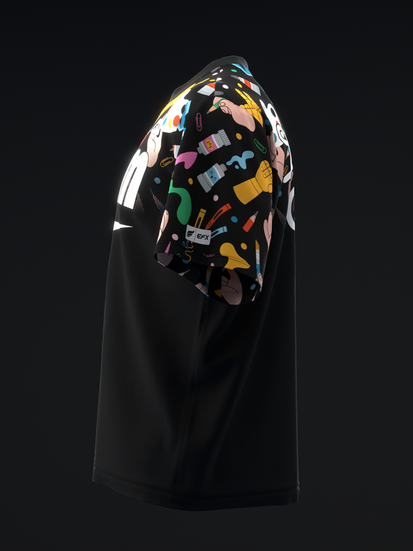 Black bowling jersey with colorful abstract graphic on back yoke area