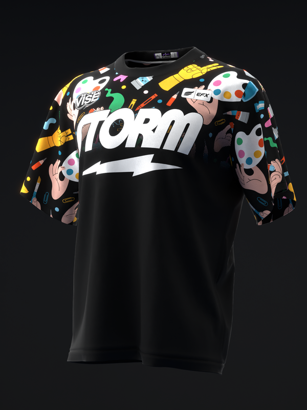 Black bowling jersey with colorful abstract art-themed sleeves and white TORN graphic