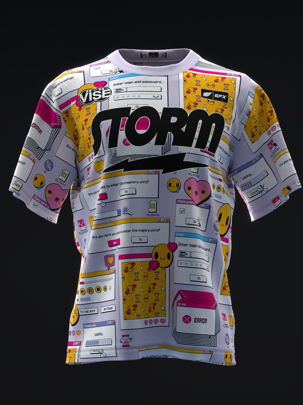 White bowling jersey with retro computer interface and emoji graphic print, front view