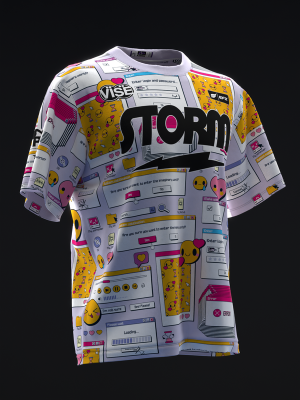 White bowling jersey with retro Windows interface graphics and STORM branding across chest
