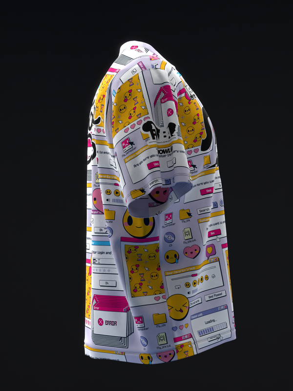 White bowling jersey with retro computer and smiley face graphics, front view