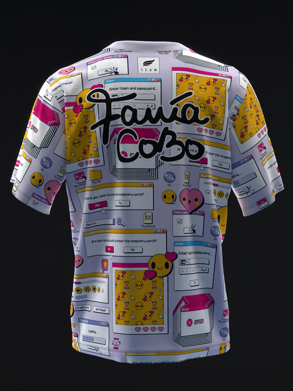 White bowling jersey with retro computer interface and emoji graphic design, front view