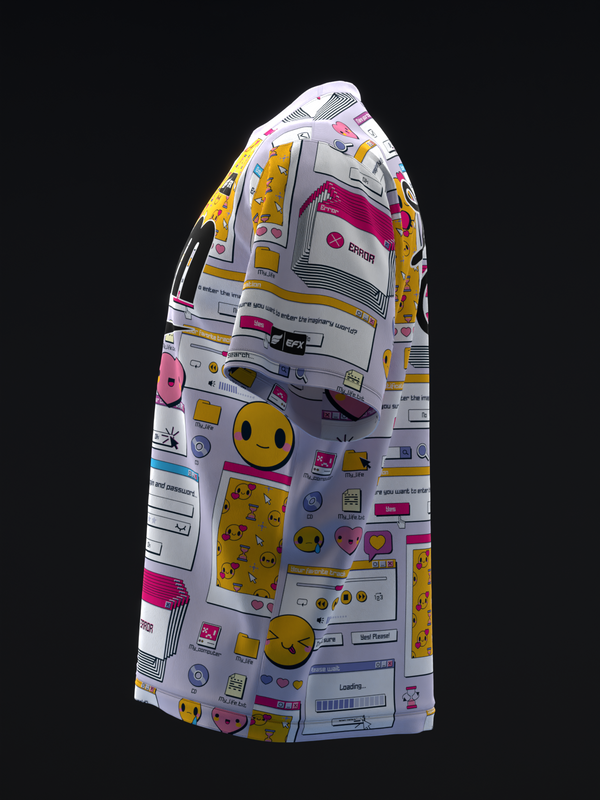 White bowling jersey with retro computer and smiley face graphics, front view