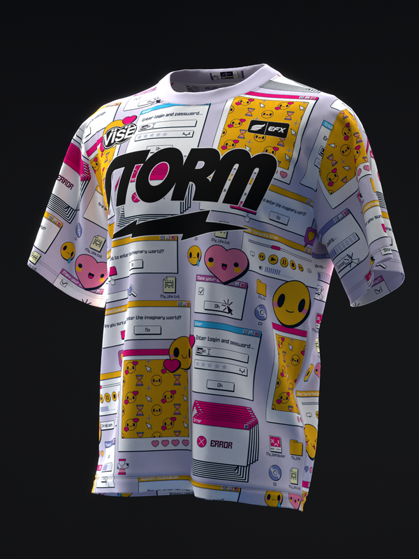 White bowling jersey with retro Windows computer graphics and colorful emoji pattern throughout