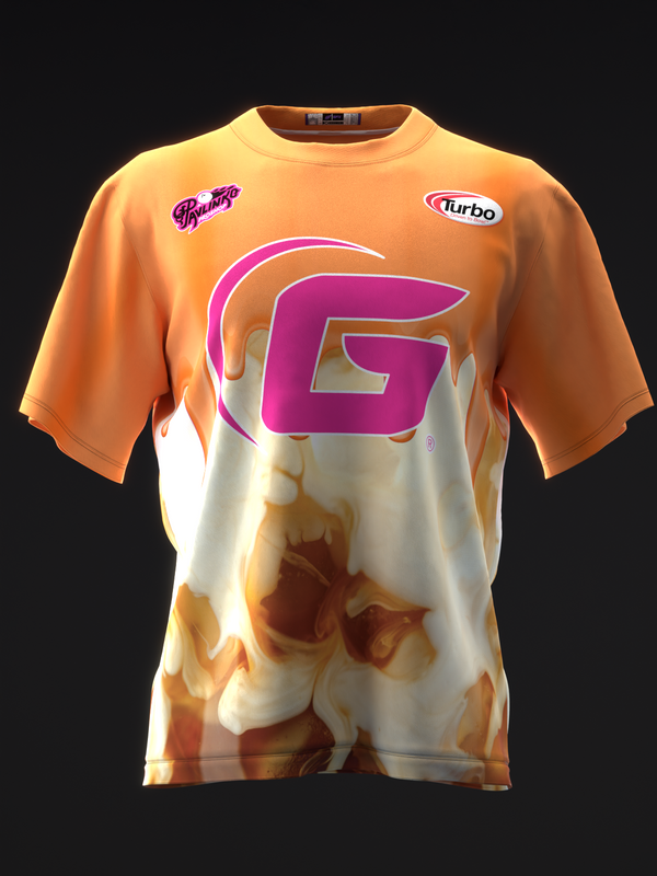 Orange and cream bowling jersey with magenta G graphic and flame design