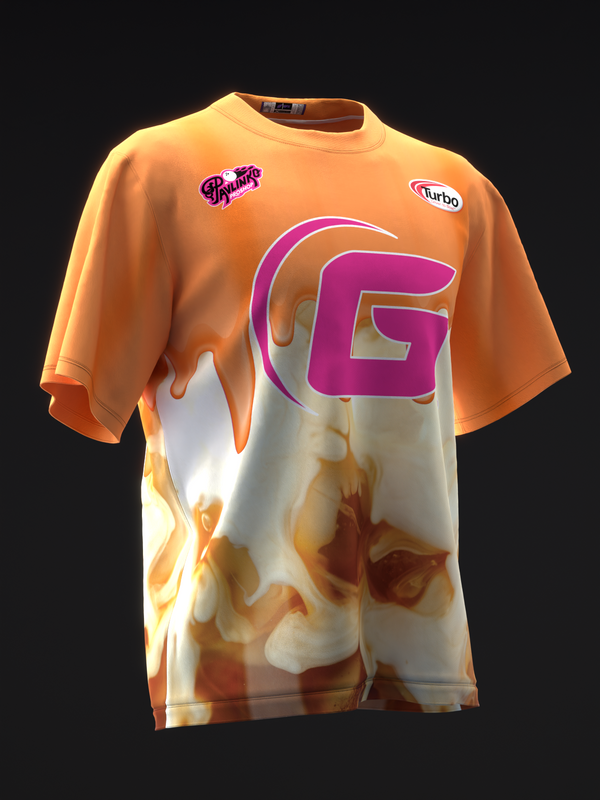Orange and cream bowling jersey with large magenta G graphic and flame design