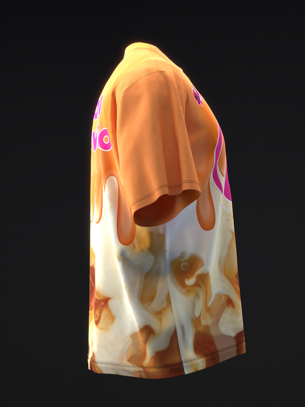 Orange and white bowling jersey with abstract flame design, side view