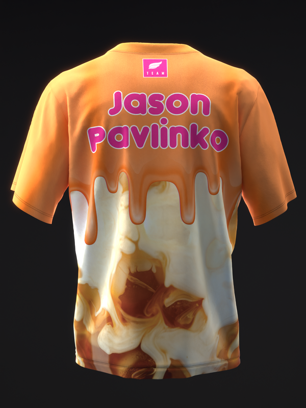 Back view of orange and cream bowling jersey with caramel drip graphic and magenta text