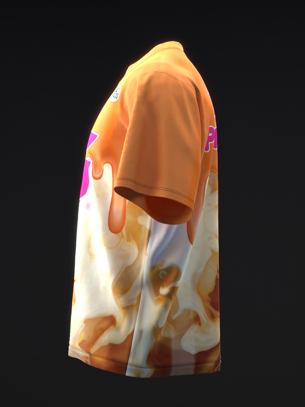 Orange and cream bowling jersey with abstract graphic design, side view