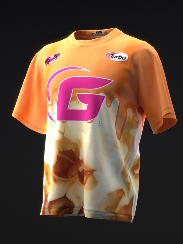 Orange bowling jersey with magenta G logo and flame pattern design, front view