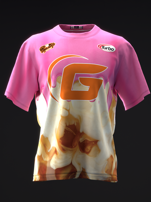 Pink and cream bowling jersey with large orange G logo and flame graphic