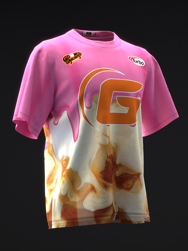 Pink bowling jersey with orange letter G and flame design on front