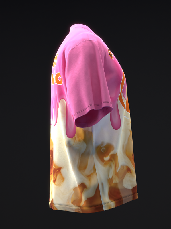 Pink bowling jersey with gold and cream flame pattern on lower body, side view