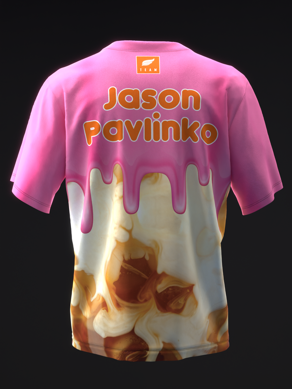 Pink bowling jersey with dripping frosting effect and personalized name graphic