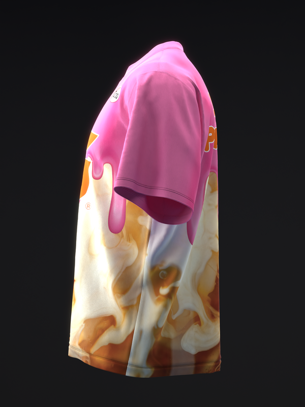 Pink and cream bowling jersey with abstract orange and gold graphic design
