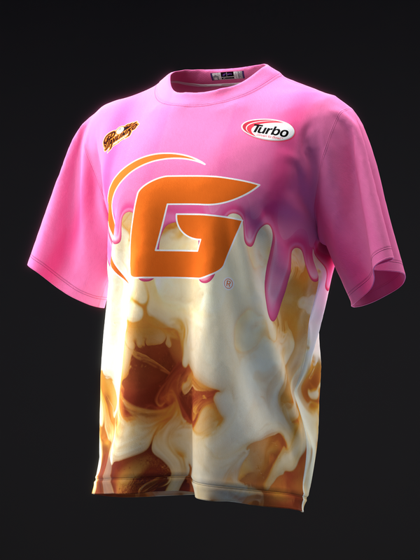Pink bowling jersey with large orange logo and flame pattern design, front view