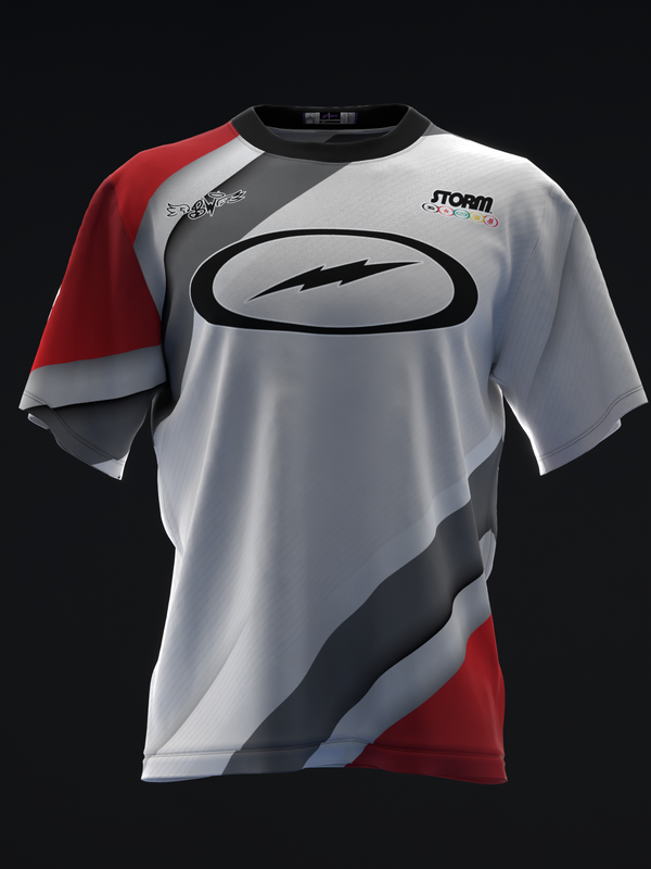 Bowling jersey with white, red, and black color blocking and oval lightning bolt graphic on front.
