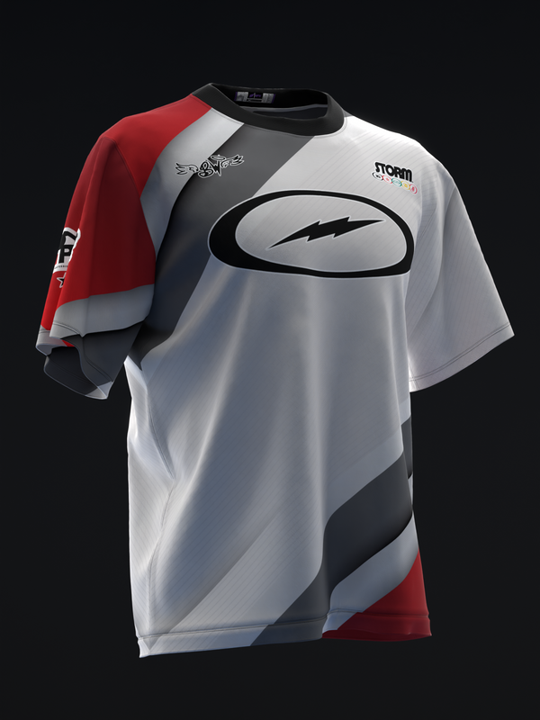 White bowling jersey with red and black colorblock design and lightning bolt graphic