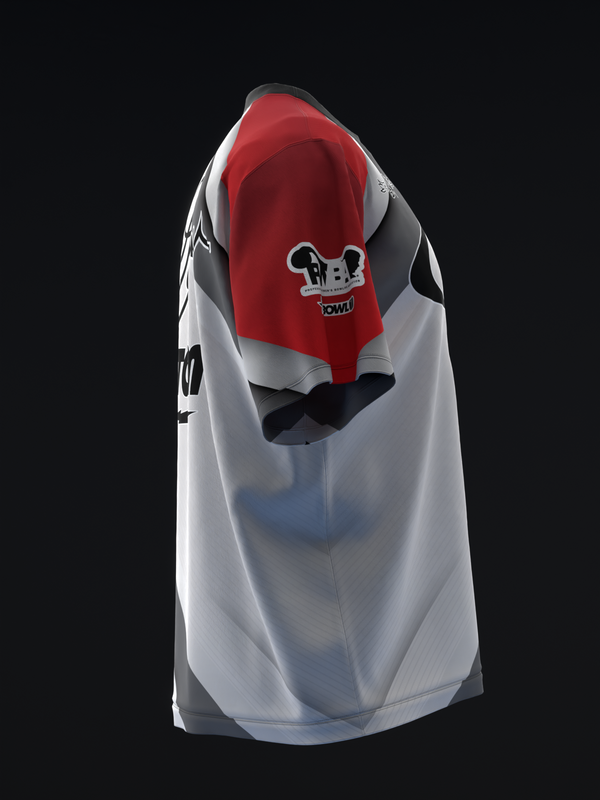 White bowling jersey with red and black shoulders and chest graphic