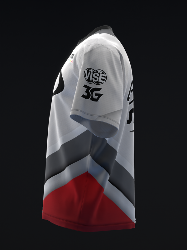 White bowling jersey with black and red diagonal color blocks and Vise logo, side view
