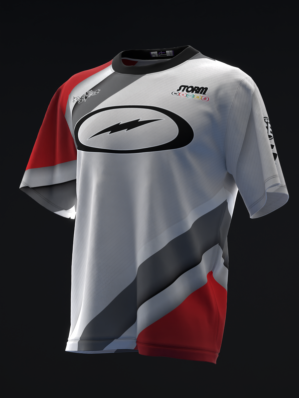 White, black, and red bowling jersey with oval logo and diagonal stripe design