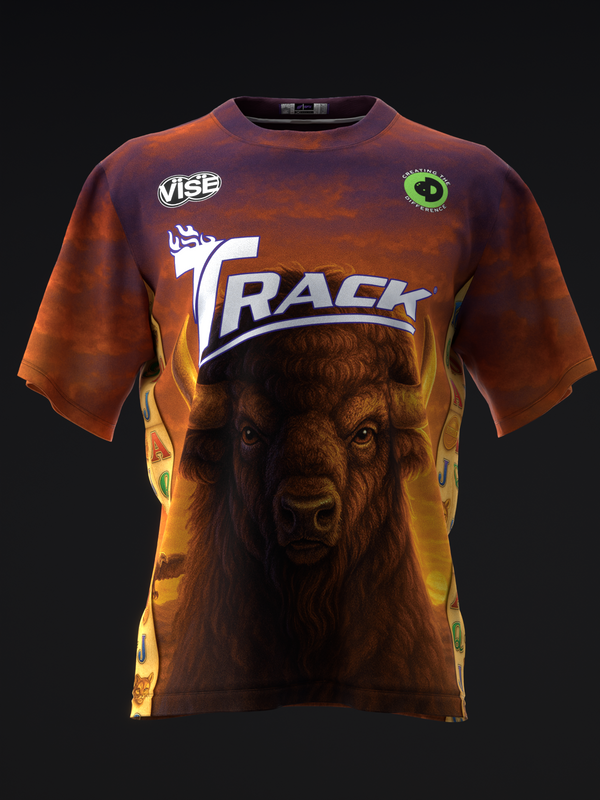 Front view bowling jersey with brown buffalo graphic and orange gradient design