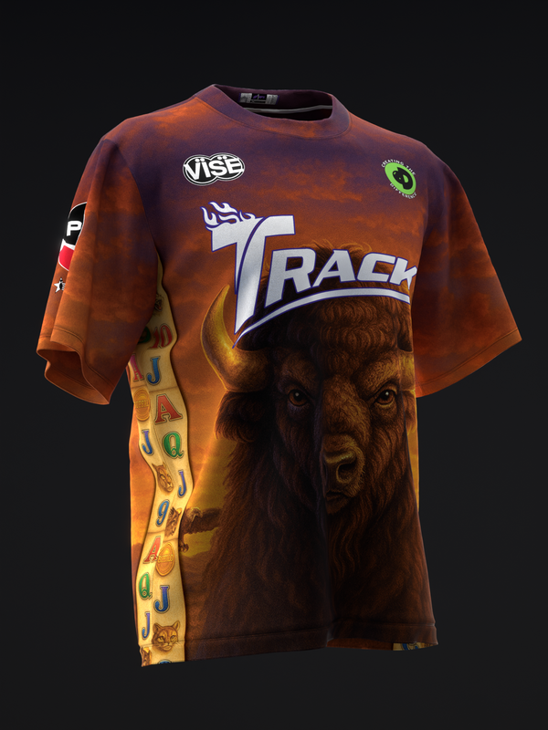 Brown bowling jersey with buffalo graphic and Track branding, front view