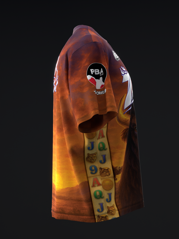 Orange and yellow ombre bowling jersey with PBA logo and playing card symbols