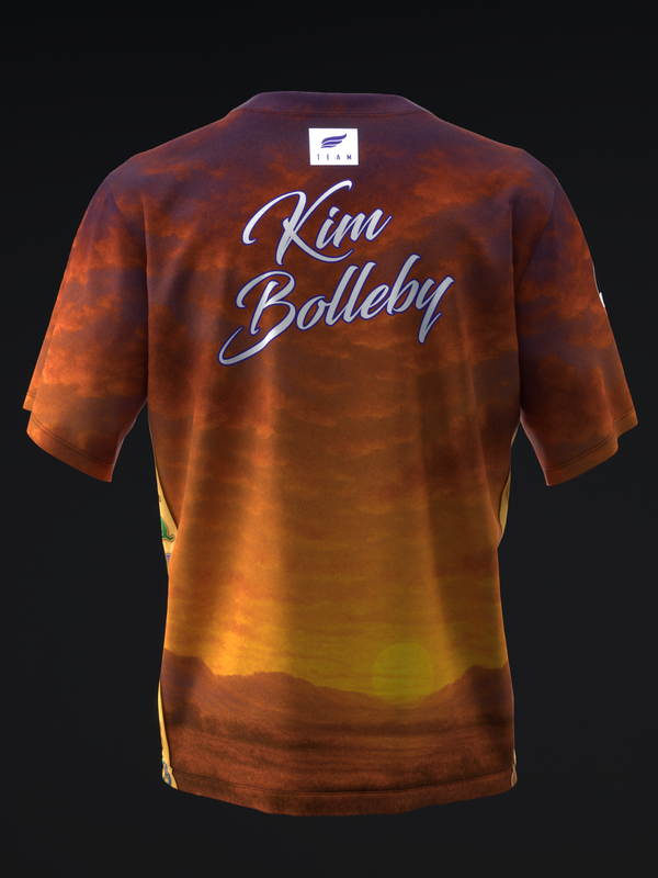 Back view of bowling jersey with orange and yellow gradient dye, cursive text