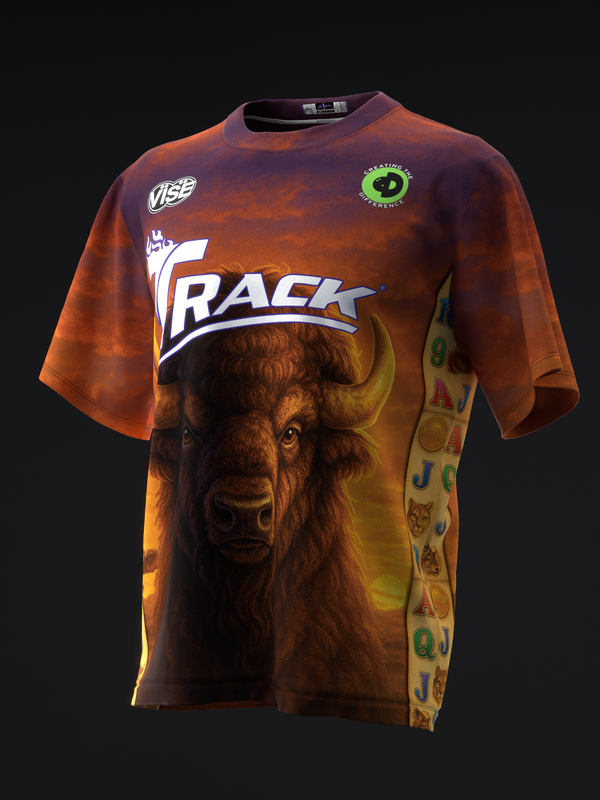 Brown and orange bowling jersey featuring a large buffalo head graphic and Track logo