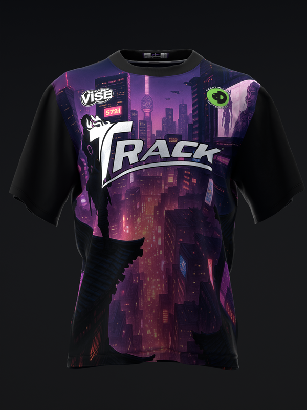 Black bowling jersey with purple neon cityscape graphic and white Track logo