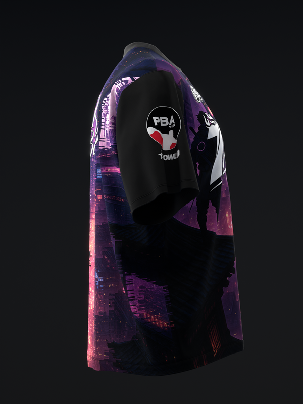 Black bowling jersey with purple and pink glowing cityscape graphic design