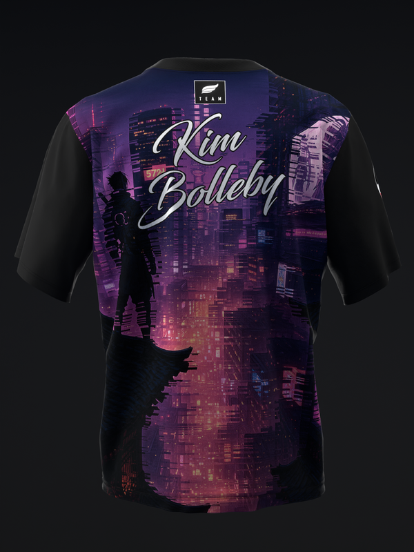 Black bowling jersey with purple neon cityscape graphic and Kim Bolleby text, back view